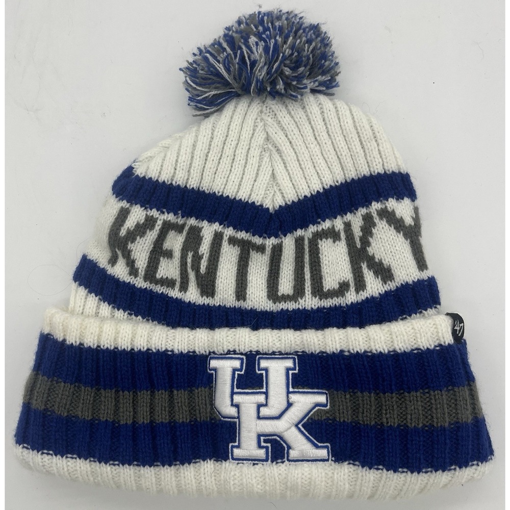 47 Brand Kentucky Wildcats UK Blue White Gray Pom Cuff Knit Beanie NCAA